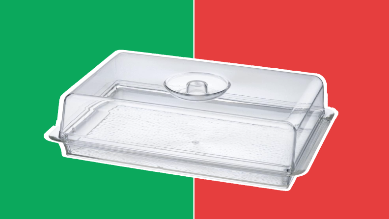 Clear, rectangular serving platter with lid in front of a red and green collage.