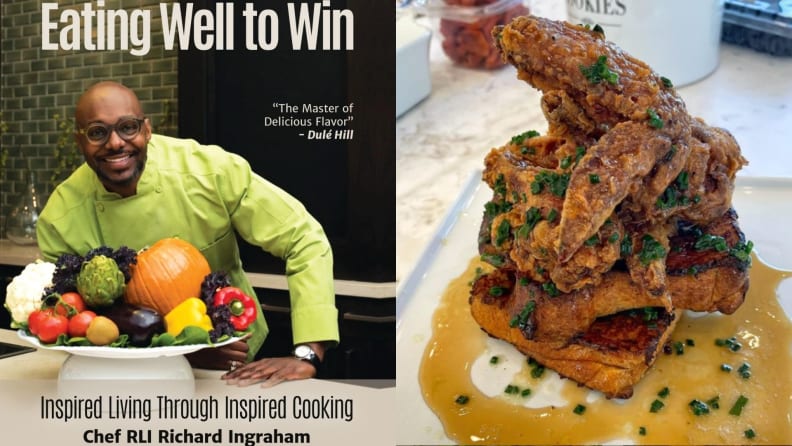 Izquierda: Portada del libro de cocina Eat Well to Win.  A la derecha, pollo y gofres en un plato cubierto con almíbar y cebollas verdes.