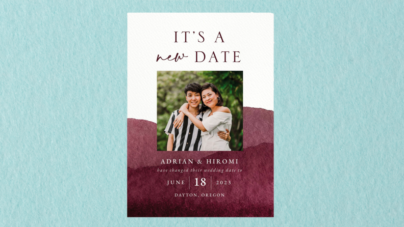 A change the date card from The Knot on a blue background
