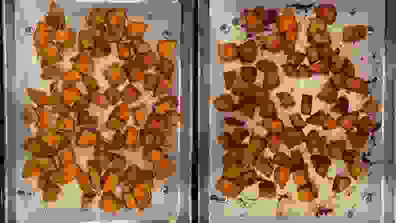 Two side-by-side photos of cubed baked sweet potatoes on baking mat. On right, potatoes are more browned.