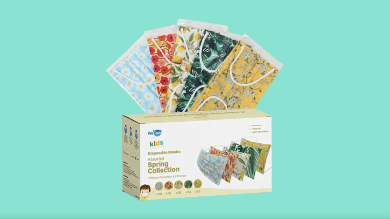 Box of colorful printed face masks from WeCare.