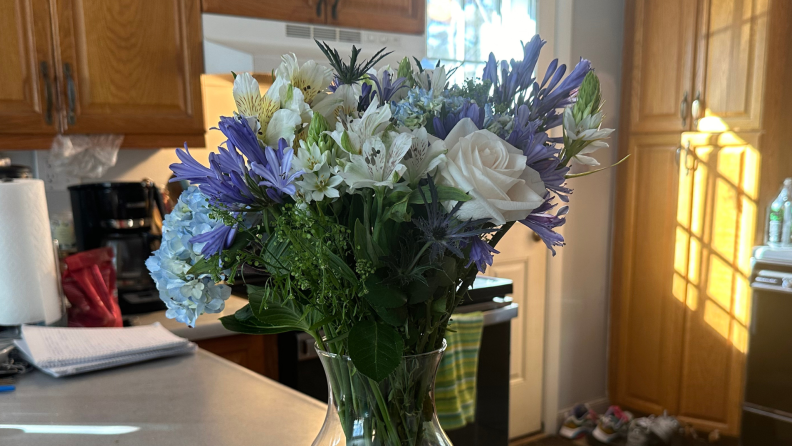 A blue, white, and purple bouquet of flowers on a kitchen counter.