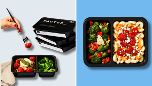 Image of Factor meals in black ready-to-heat containers, featuring broccoli, pasta, and cherry tomatoes.