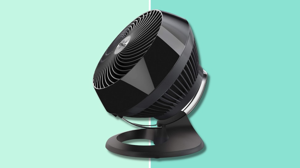 The Vornado fan against a teal background.