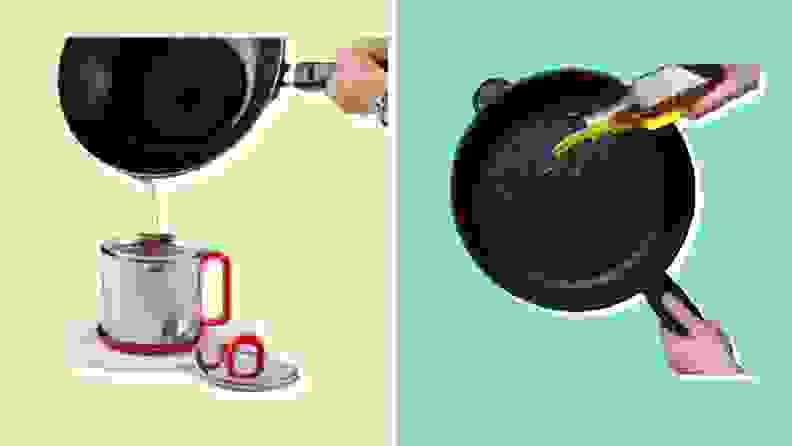 On left, oil being poured from a pan into a container. On right, oil being drizzled onto a pan.