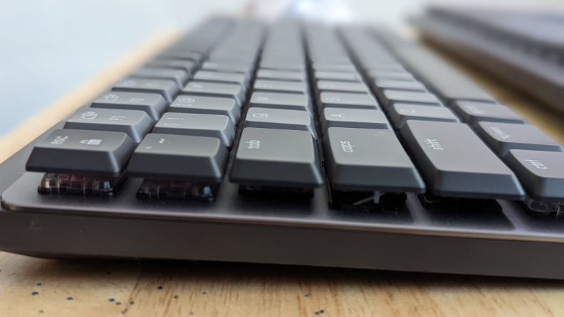 Close up of a keyboard from the side.