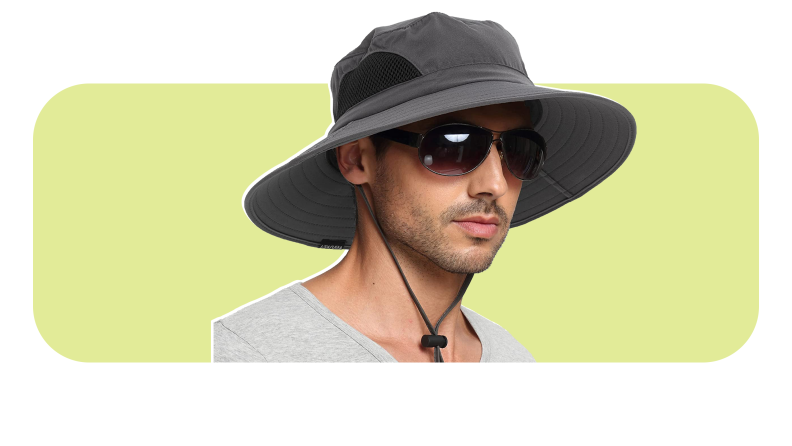 Model wearing black Einskey Wide Brim Bucket Hat.