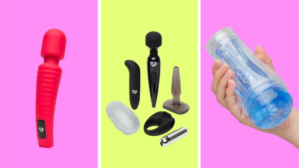 A red wand, sex toy kit, and blue fleshlight in front of pink and yellow background.