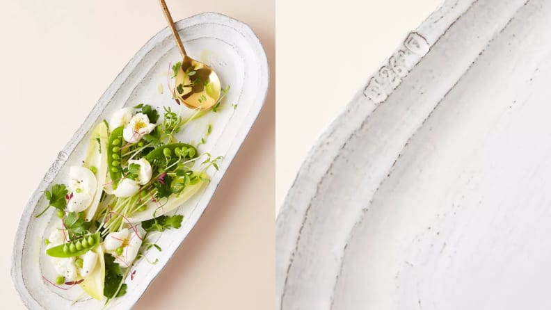 On left, serving platter with vegetables and a serving spoon. On right, close up image of the serving platter details