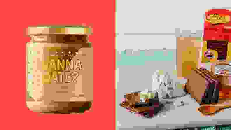 A jar of date spread is labeled: "Wanna date? No added sugar; naturally sweet." To the right, there's a second photo featuring cocoa cakes, cheese, and beverages.