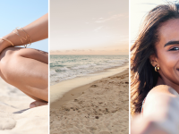 On left, person wearing gold jewelry on wrist while sitting on the beach sand. In middle, beach shore as dusk. On right, person smiling while wearing gold jewelry.