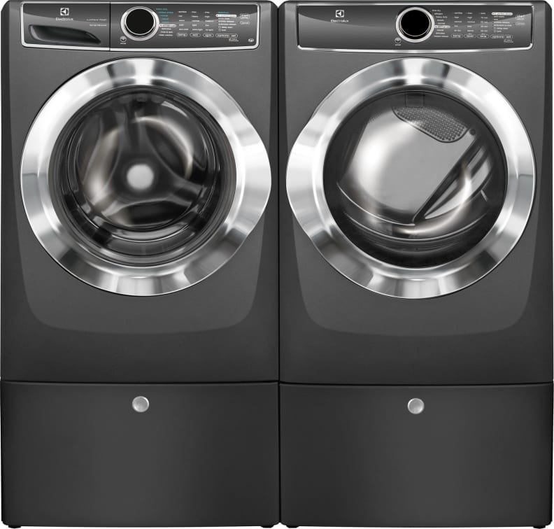 Electrolux EFLS617STT washer and EFME617STT dryer on pedestals