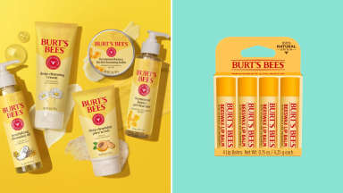 A colorful collage with lip balm and cleansing oil from Burt's Bees.