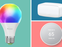 The NanoLeaf Essentials Smart Bulb, Eve Door & Window Sensor, and Google Nest Thermostat next to each other on a teal, pink, and blue background.