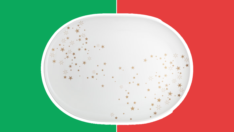 A white serving platter with gold stars in front of a red and green collage.