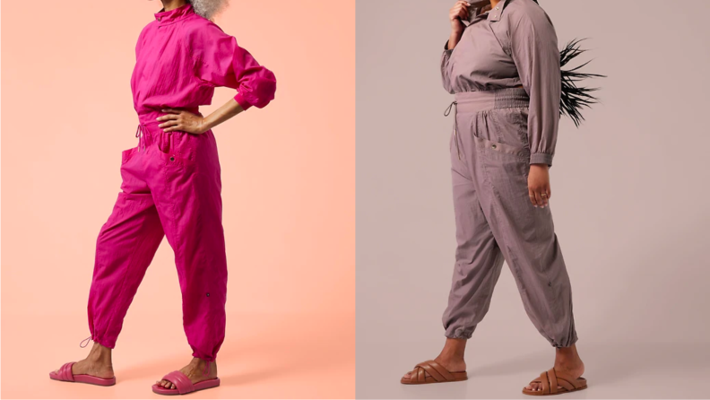Two images of the same jumpsuit: The first is hot pink, the second i