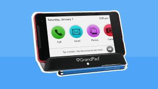 Grandpad Accesibility tablet displaying call, email, phone and camera functions on screen.