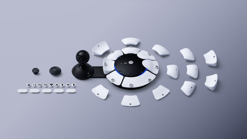 The white PS5 Access Controller deconstructed to display each of the controller's buttons and functions.