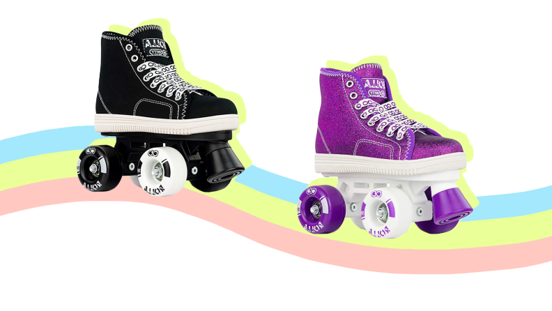 A black and a purple roller skate on a rainbow.