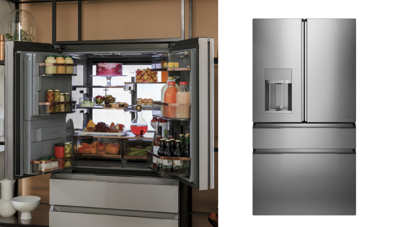 两张冰箱的图片，第一张是真实的冰箱模型，里面有食物，冰箱门是打开的，第二张是白色背景的冰箱门是关闭的。