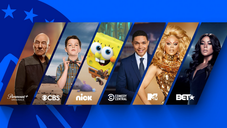 Screenshot of Paramount Plus, including stills from various shows like RuPaul's Drag Race and SpongeBob