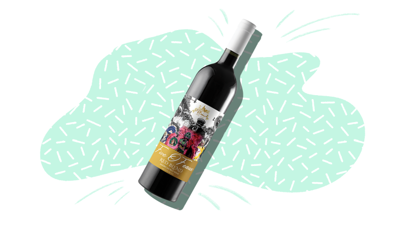 A silhouetted bottle of red wine wine on a mint and white patterned background.