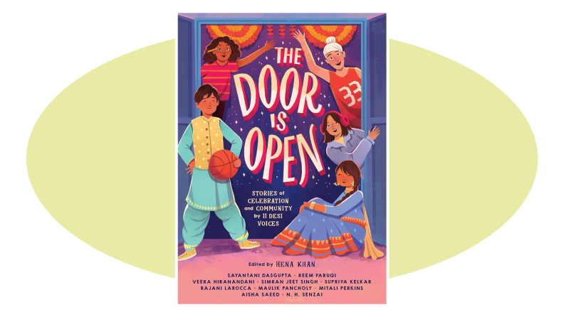 Cover of the door is open over a green oval over white background