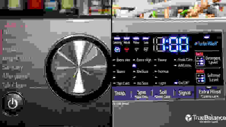 A composite image. In the left half, we see the cycle selection dial. The right half is a close-up of the touch controls.