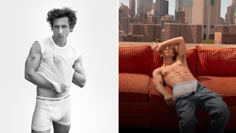 Two photos of actor Jeremy Allen White; on the left he is wearing white Calvin Klein boxer briefs and a white tank top, and on the right he is wearing white Calvin Klein briefs and is pulling down a pair of jeans.
