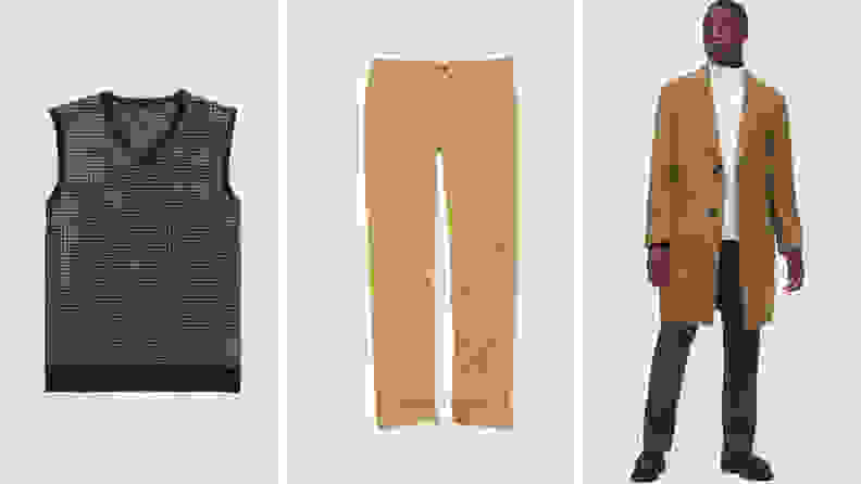 Collage of a houndstooth gray sweater vest, khaki pants, and a brown mid-length wool coat.