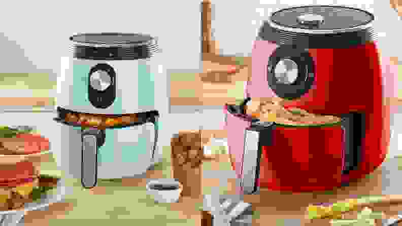 On left, teal air fryer with food peaking out. On right, red air fryer with food peeking out.