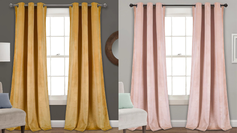 Two different pictures of velvet drapes. One set is in mustard and another is pastel pink.