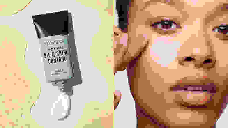 On the left: The Smashbox The Photo Finish Oil & Shine Control Primer tube sitting at the center of a white background with oil all around it. On the right: A closeup of a person's face as they swatch the Smashbox primer on their cheek and stare into the camera.