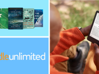 A collection of books next to the Kindle Unlimited logo and someone holding a Kindle.