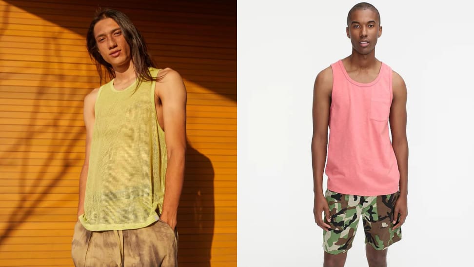 man wearing yellow mesh tank top from Urban Outfitters, man wearing pink tank top from J.Crew