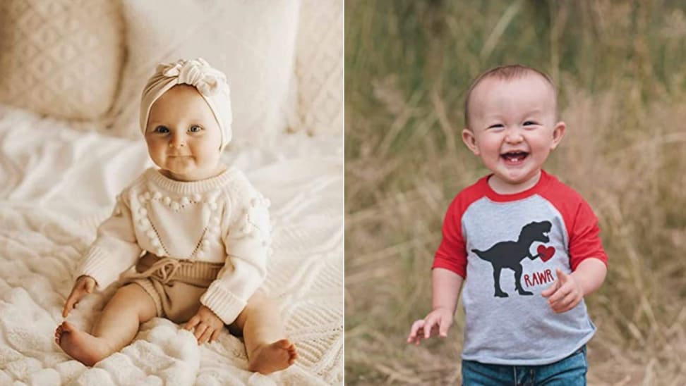 On left, toddler sitting on cream bedspread on bed while wearing knitted onesie. On left, child smiling while wearing gray and red dinosaur t-shirt.