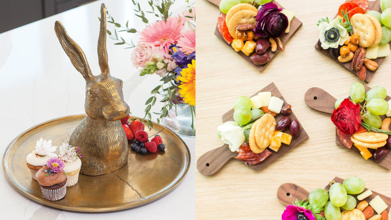 (Right) A gilded hare platter with assembled cupcakes. (Left) A collection of mini charcuterie boards with appetizers.