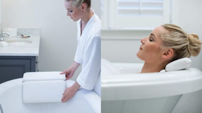 On left, person adjusting white shower head rest onto edge of bathtub. On right, person resting in a relaxing bath using white headrest.