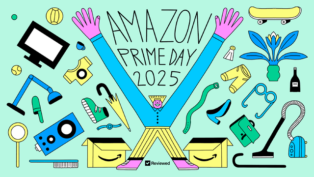 Illustration of excited shopper surrounded by products and shopping boxes, celebrating the Prime Day 2025 sale.