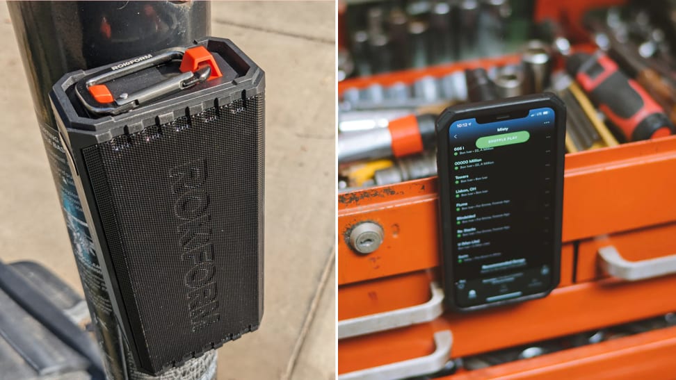 Rokform G-Rok speaker attached to a poll and the Rokform phone case attach to to tool set.