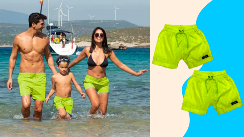 1) A family wears neon green swimsuits at the beach. 2) Two pairs of neon green swim trunks.