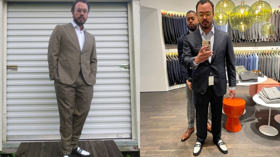 Man standing in front of storage shed wearing a Custom Made suit from Suitsupply in a mid green color, on the right is that same man with an expert stylist from Suitsupply aiding him during the fitting and alteration process.