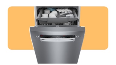 A dishwasher stands open on an orange background