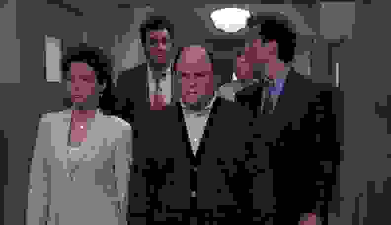 The main cast of Seinfeld goes to jail in the finale.