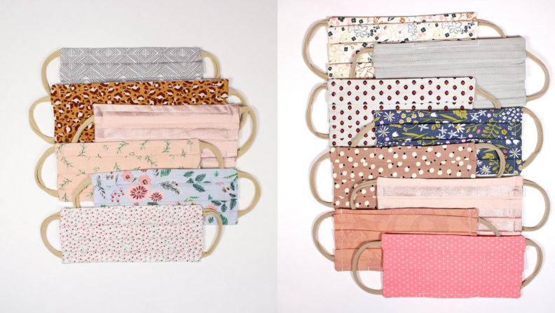 Two images of sets of face masks in varying pastel colors and prints.