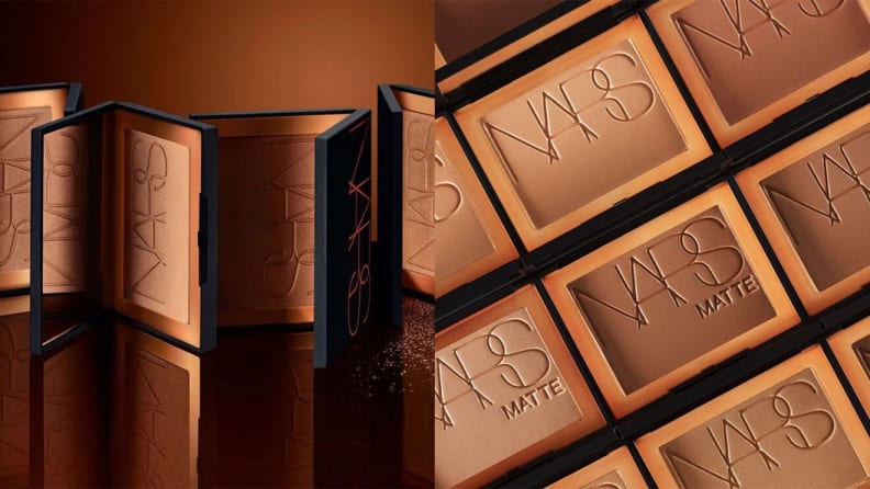 On left, nude shades of bronzer powders in front of brown background by Nars. On right, different shades of bronzer powders from Nars