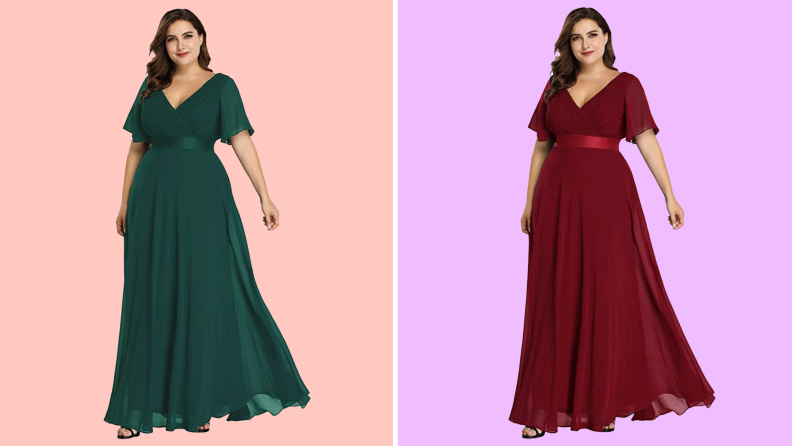 An image of the same flowing, v-neck cap sleeve gown repeated twice, on a plus size model; the first is a green version of the dress, the second is a dark red version.