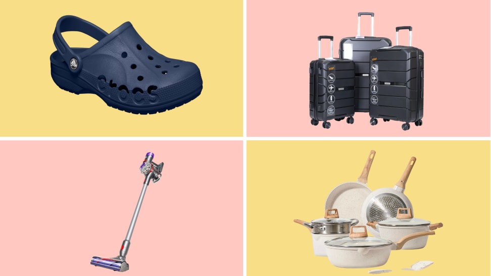 A collage of on-sale Walmart products, including a Dyson vacuum and a Travelhouse luggage set.