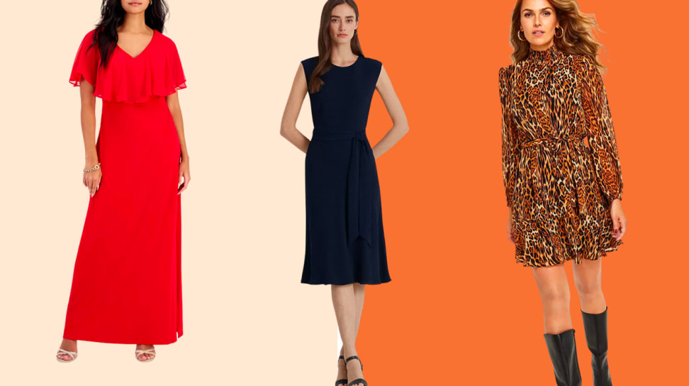 Three Macy's Best Dresses featuring women wearing a red, black, and animal-print dresses.