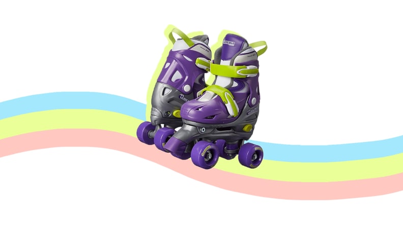 A purple pair of classic roller skates.